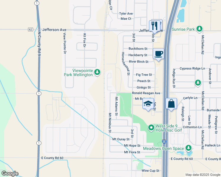 map of restaurants, bars, coffee shops, grocery stores, and more near 3620 Ronald Reagan Avenue in Wellington