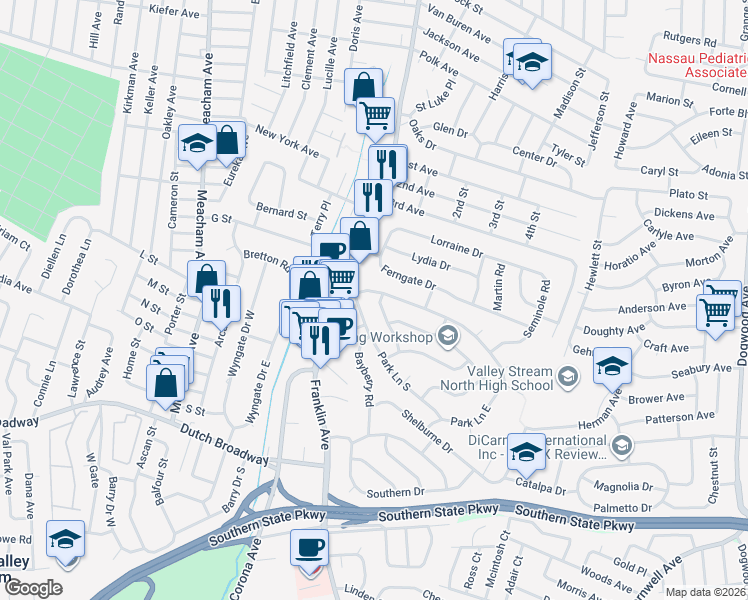 map of restaurants, bars, coffee shops, grocery stores, and more near 1112 Park Lane North in Franklin Square
