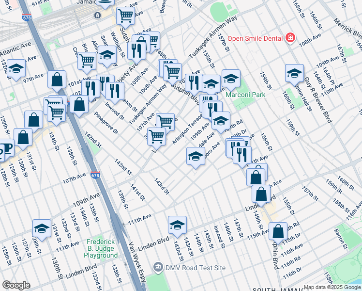 map of restaurants, bars, coffee shops, grocery stores, and more near 145-43 Arlington Terrace in Queens
