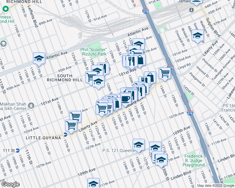 map of restaurants, bars, coffee shops, grocery stores, and more near 127-10 102nd Road in Queens