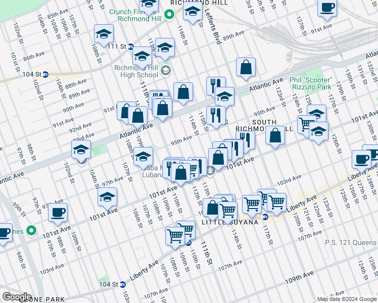 map of restaurants, bars, coffee shops, grocery stores, and more near 95-21 113th Street in Queens