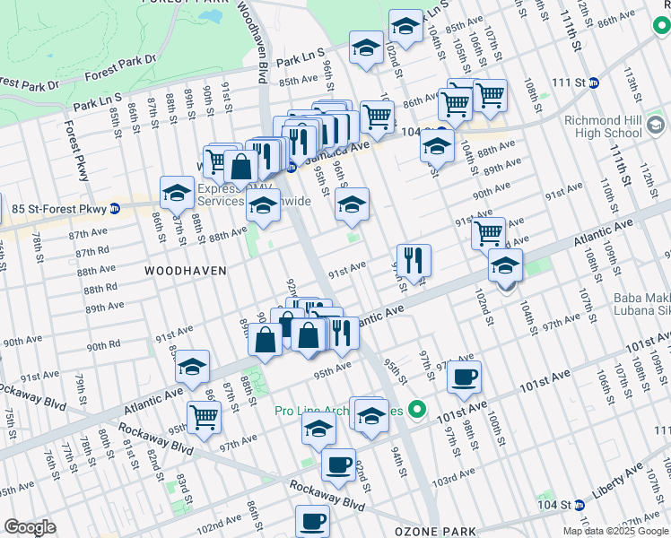 map of restaurants, bars, coffee shops, grocery stores, and more near 93-16 90th Avenue in Queens