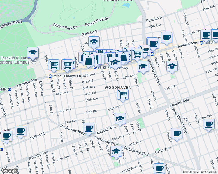 map of restaurants, bars, coffee shops, grocery stores, and more near 80-88 88th Avenue in Queens
