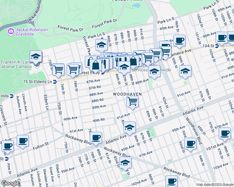 map of restaurants, bars, coffee shops, grocery stores, and more near 80-88 88th Avenue in Queens