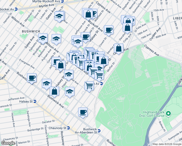map of restaurants, bars, coffee shops, grocery stores, and more near 220 Schaefer Street in Brooklyn