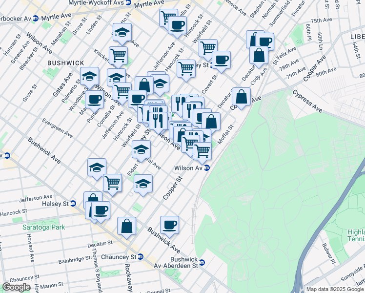 map of restaurants, bars, coffee shops, grocery stores, and more near 220 Schaefer Street in Brooklyn
