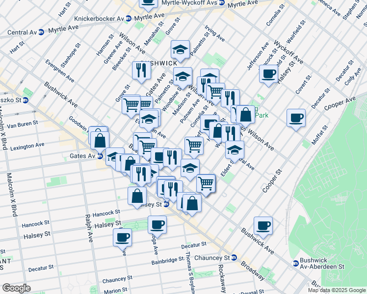 map of restaurants, bars, coffee shops, grocery stores, and more near 521 Evergreen Avenue in Brooklyn