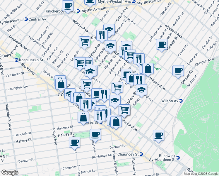 map of restaurants, bars, coffee shops, grocery stores, and more near 521 Evergreen Avenue in Brooklyn