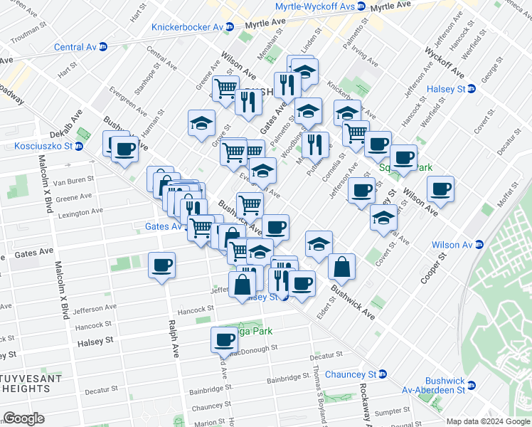 map of restaurants, bars, coffee shops, grocery stores, and more near 1052 Madison Street in Brooklyn