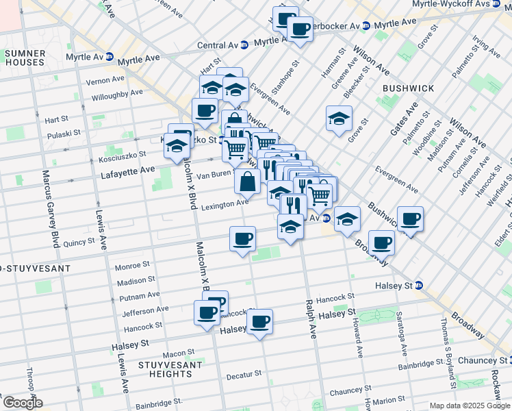 map of restaurants, bars, coffee shops, grocery stores, and more near 824 Lexington Avenue in Brooklyn