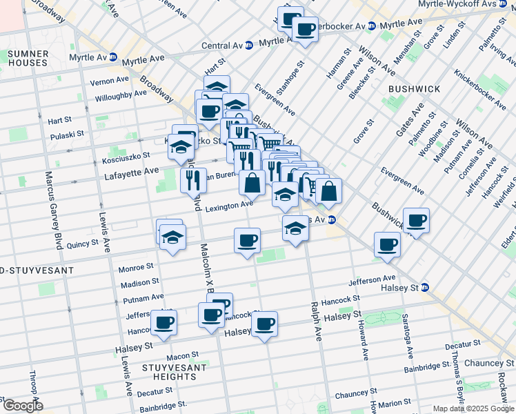 map of restaurants, bars, coffee shops, grocery stores, and more near 33 Patchen Avenue in Brooklyn