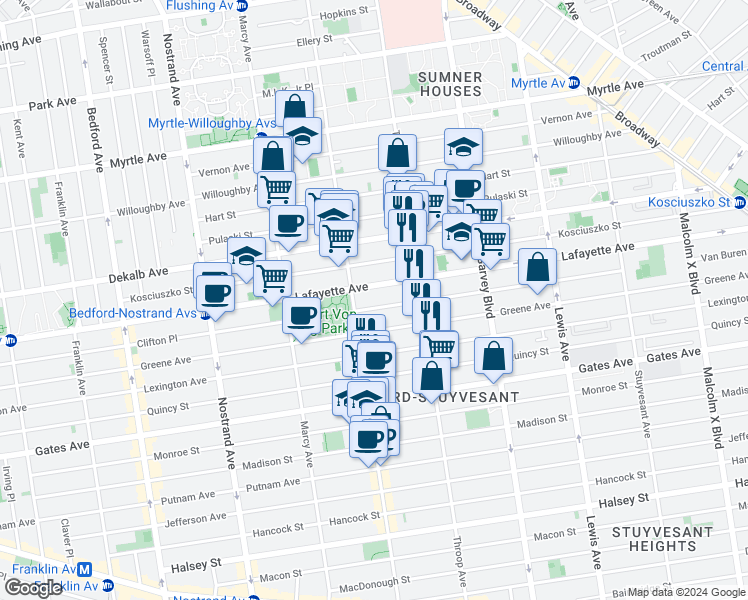 map of restaurants, bars, coffee shops, grocery stores, and more near 728 Lafayette Avenue in Brooklyn