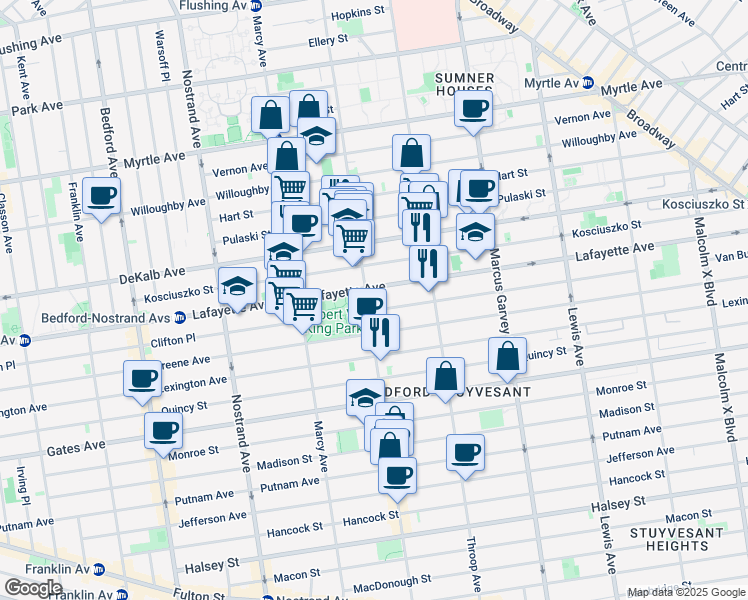 map of restaurants, bars, coffee shops, grocery stores, and more near 695 Lafayette Avenue in Brooklyn