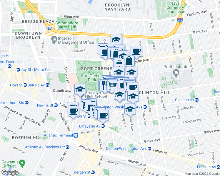 map of restaurants, bars, coffee shops, grocery stores, and more near 242 Carlton Avenue in Brooklyn