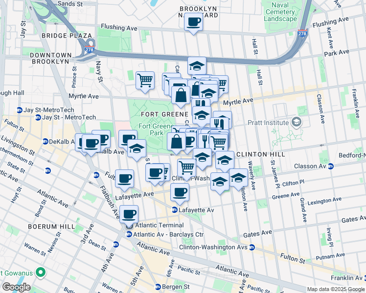 map of restaurants, bars, coffee shops, grocery stores, and more near 242 Carlton Avenue in Brooklyn