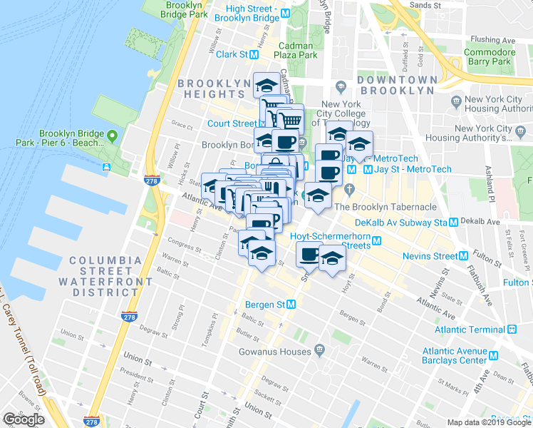 map of restaurants, bars, coffee shops, grocery stores, and more near 111-115 City Point in Brooklyn