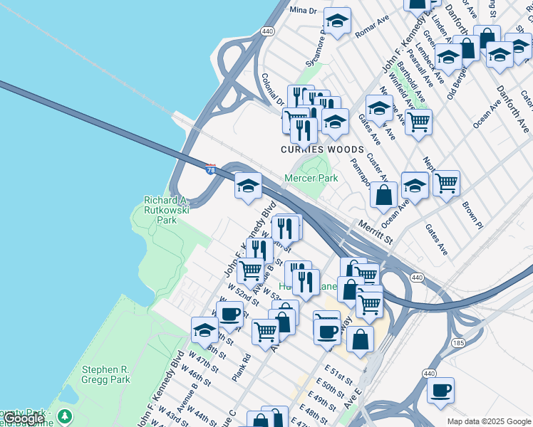 map of restaurants, bars, coffee shops, grocery stores, and more near 1270 John F. Kennedy Boulevard in Bayonne