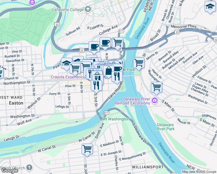 map of restaurants, bars, coffee shops, grocery stores, and more near 42 South 2nd Street in Easton