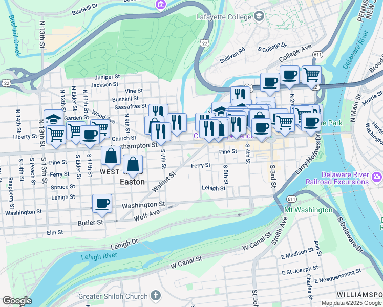 map of restaurants, bars, coffee shops, grocery stores, and more near 646 Pine Street in Easton