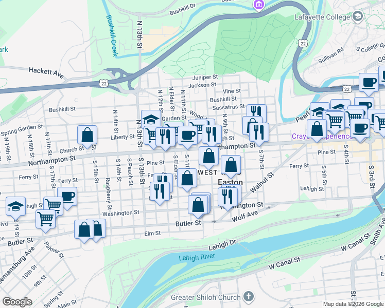 map of restaurants, bars, coffee shops, grocery stores, and more near 1019 Northampton Street in Easton