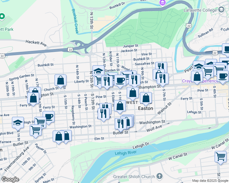 map of restaurants, bars, coffee shops, grocery stores, and more near 1127 Northampton Street in Easton