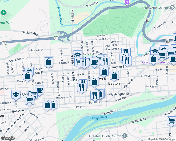 map of restaurants, bars, coffee shops, grocery stores, and more near 1127 Northampton Street in Easton