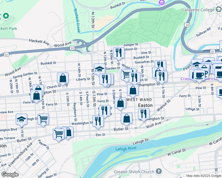 map of restaurants, bars, coffee shops, grocery stores, and more near 1127 Northampton Street in Easton