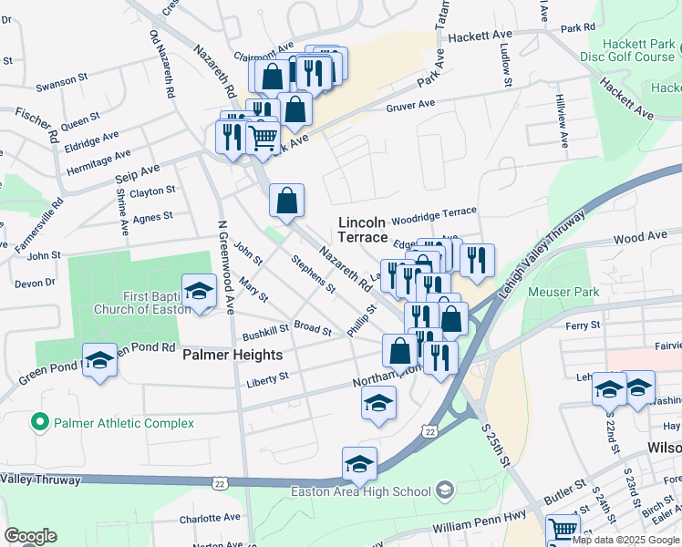 map of restaurants, bars, coffee shops, grocery stores, and more near 2722 Nazareth Road in Easton