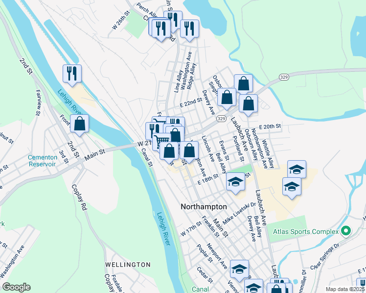 map of restaurants, bars, coffee shops, grocery stores, and more near 2022 Washington Avenue in Northampton