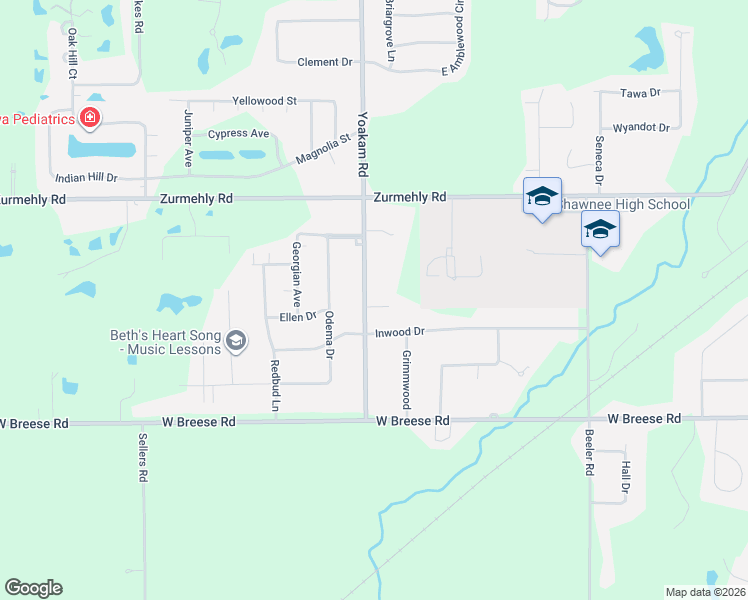 map of restaurants, bars, coffee shops, grocery stores, and more near 3453 Yoakam Road in Lima