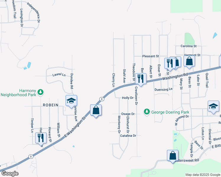 map of restaurants, bars, coffee shops, grocery stores, and more near 100-104 Cherry Lane in Washington