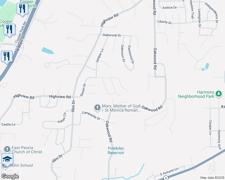 map of restaurants, bars, coffee shops, grocery stores, and more near 123 Kickapoo Drive in East Peoria
