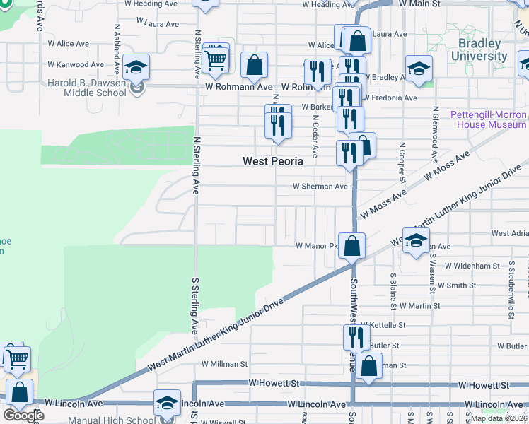 map of restaurants, bars, coffee shops, grocery stores, and more near 2207 West Moss Avenue in West Peoria