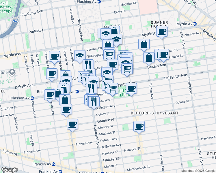map of restaurants, bars, coffee shops, grocery stores, and more near 645 Lafayette Avenue in Brooklyn