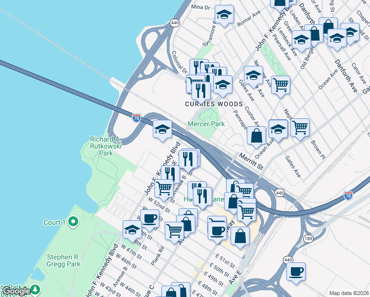 map of restaurants, bars, coffee shops, grocery stores, and more near 136 West 58th Street in Bayonne