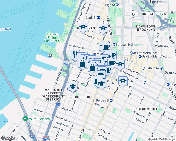 map of restaurants, bars, coffee shops, grocery stores, and more near 151-155 Atlantic Avenue in Brooklyn