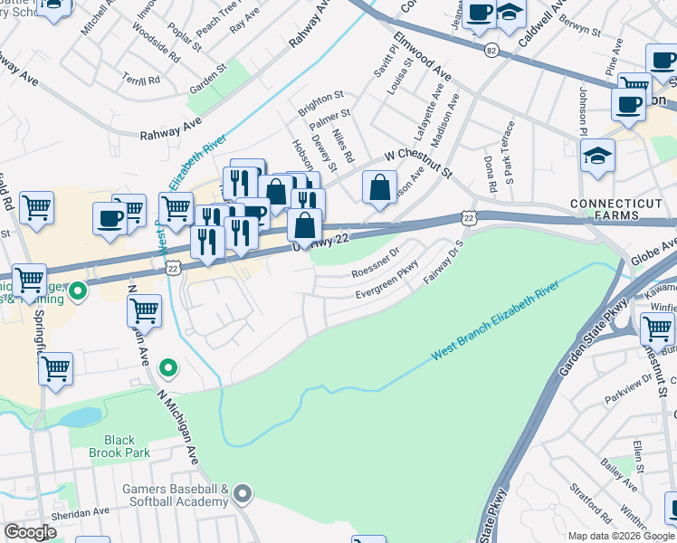 map of restaurants, bars, coffee shops, grocery stores, and more near 708 Roessner Drive in Union