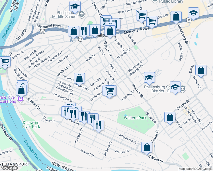 map of restaurants, bars, coffee shops, grocery stores, and more near 66 Colby Place in Phillipsburg