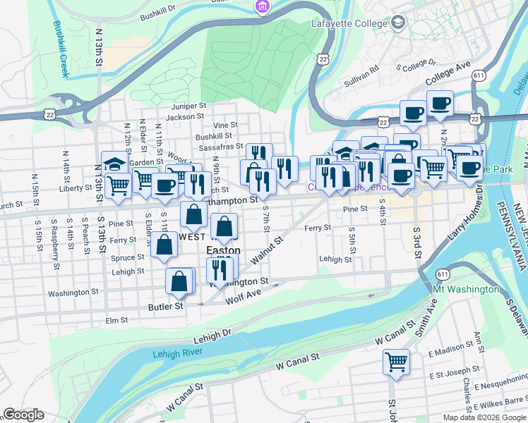 map of restaurants, bars, coffee shops, grocery stores, and more near 726 Northampton Street in Easton