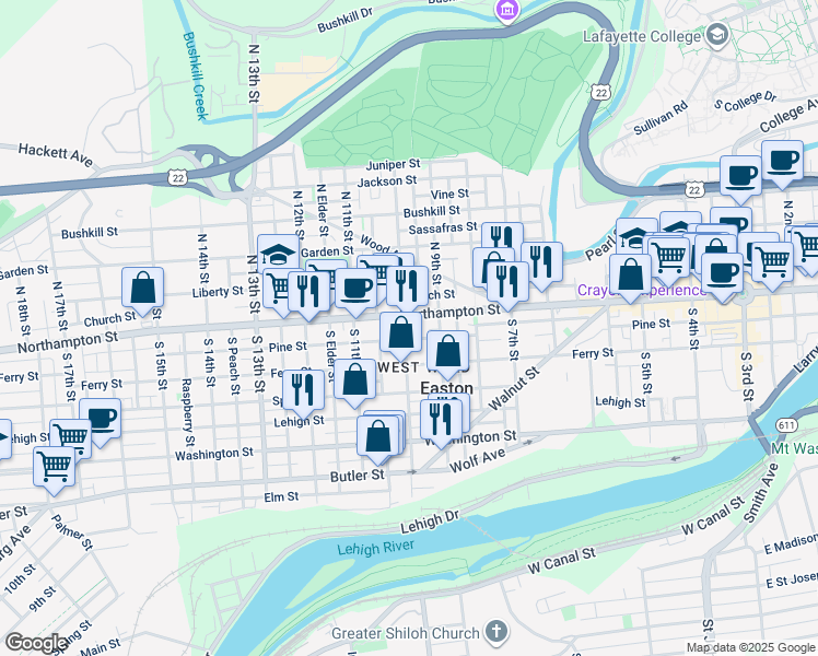 map of restaurants, bars, coffee shops, grocery stores, and more near 20 South 10th Street in Easton