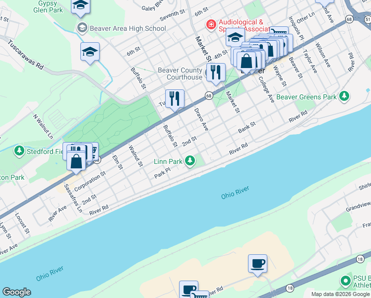 map of restaurants, bars, coffee shops, grocery stores, and more near 1101 2nd Street in Beaver