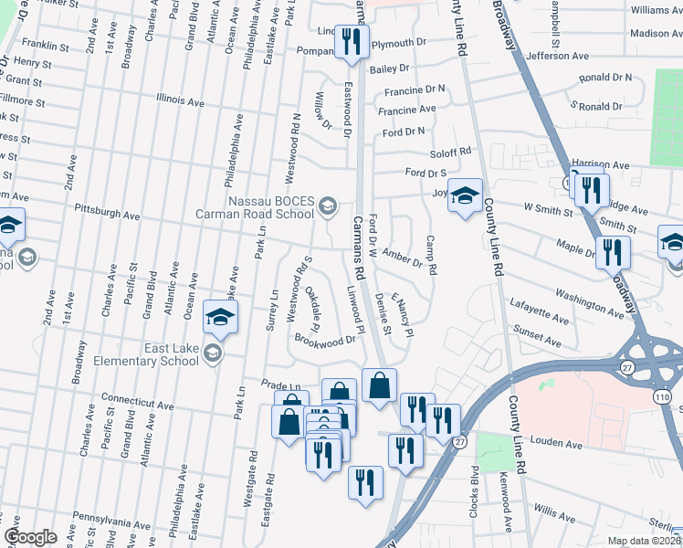 map of restaurants, bars, coffee shops, grocery stores, and more near 32 Linwood Place in Massapequa Park