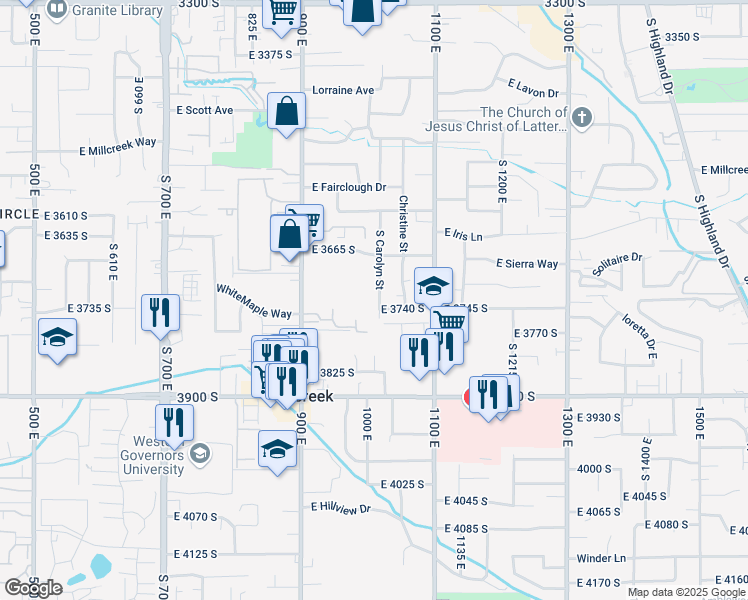 map of restaurants, bars, coffee shops, grocery stores, and more near 3724 South Carolyn Street in Millcreek