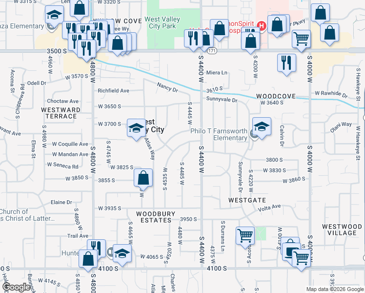 map of restaurants, bars, coffee shops, grocery stores, and more near 4473 West Manhatten Drive in West Valley City