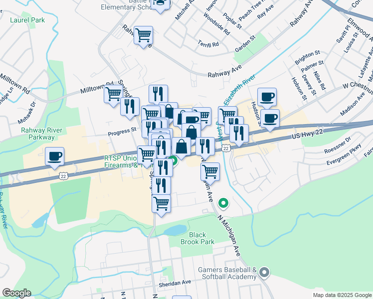 map of restaurants, bars, coffee shops, grocery stores, and more near 2443 U.S. 22 in Union