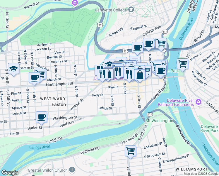 map of restaurants, bars, coffee shops, grocery stores, and more near 24 South 5th Street in Easton