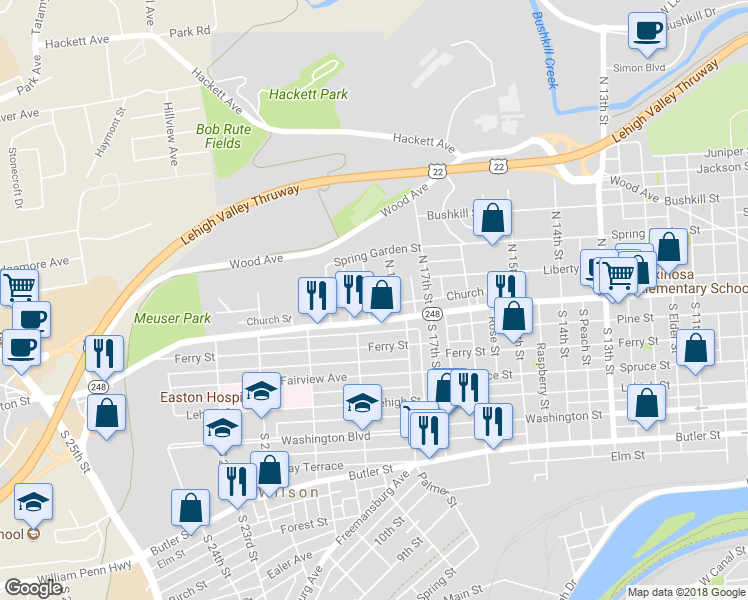 map of restaurants, bars, coffee shops, grocery stores, and more near 29 North Wright Street in Easton