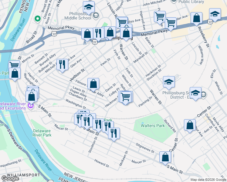 map of restaurants, bars, coffee shops, grocery stores, and more near 37 Colby Place in Phillipsburg
