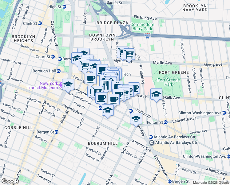 map of restaurants, bars, coffee shops, grocery stores, and more near 7 DeKalb Avenue in Brooklyn