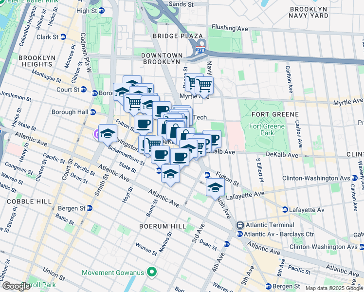 map of restaurants, bars, coffee shops, grocery stores, and more near 7 DeKalb Avenue in Brooklyn